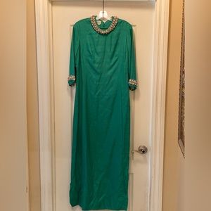 MIDGE GRANT VINTAGE LOVELY GREEN WOVEN TEXTURED DRESS RHINESTONE NECK / SLEEVE
